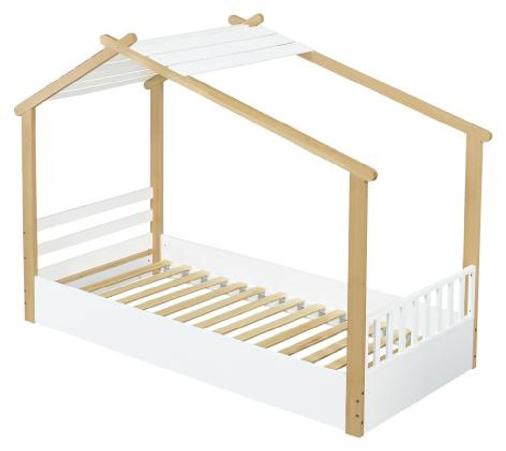 Kinderbett Hausbett 90x200 cm Ohne Matratze Weiss Natur Holz Lattenrost Schlichtes Design Kiefer MDF