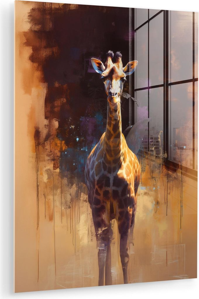 MuchoWow Glasbilder - Bilder auf Wandbild - Foto auf Glas Giraffe - Braun - Abstrakt - Gemalt 30x40 cm Wanddekoration aus Glas - Acrylglasbild - Ac...
