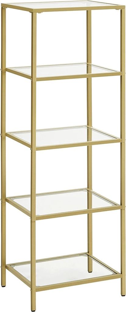 VASAGLE Regal, 5-stöckiges Stufenregal, schmales Glasregal für Schlafzimmer, Badezimmer, Home Office, gehärtetes Glas, Stahlrahmen, Farbe Gold