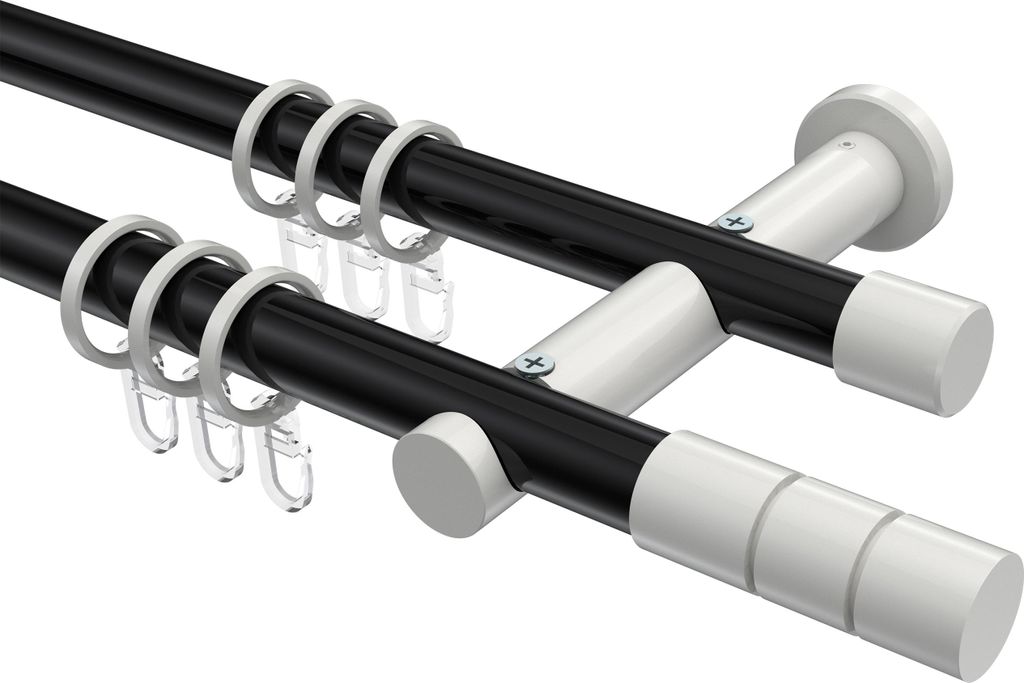 Interdeco Gardinenstange / Vorhangstange Schwarz / Weiß, Typ Platon Elanto (Rillenzylinder), 20 mm Ø 2-läufig, 400 cm