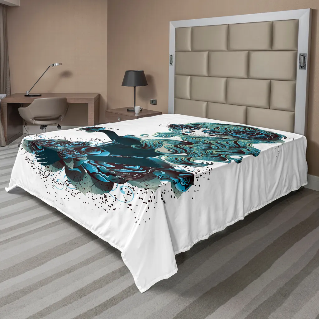 Drap de lit plat Crâne Vintage Sugar Skull ABAKUHAUS 275 x 260 cm Bleu