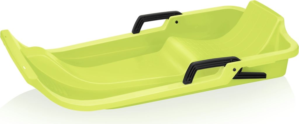 A lime green plastic sled with black handles against a white background.
