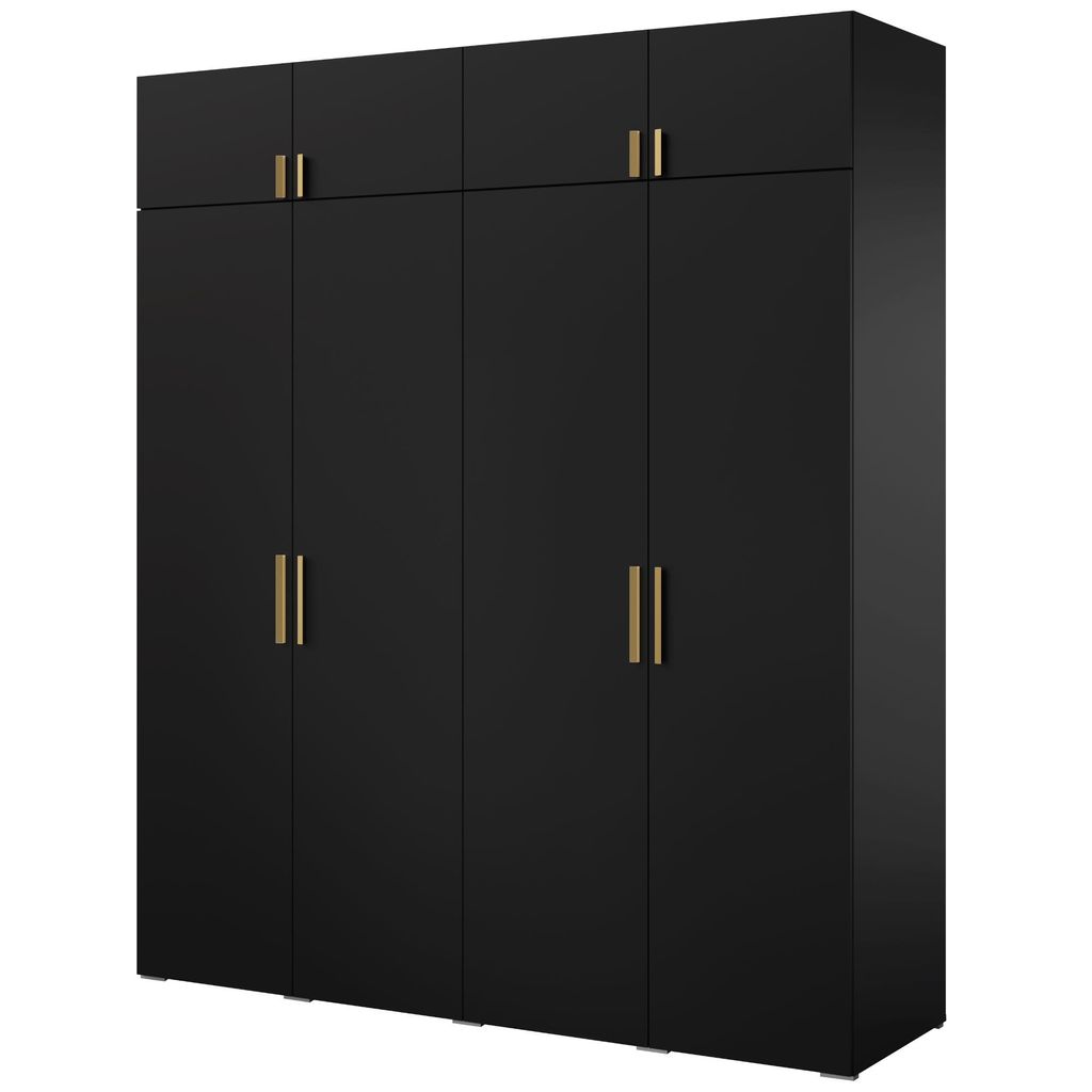 Drehtürenschrank mit Aufsatz Napoli 4D 200 Schwarz (schwarzer oder goldener Griff)