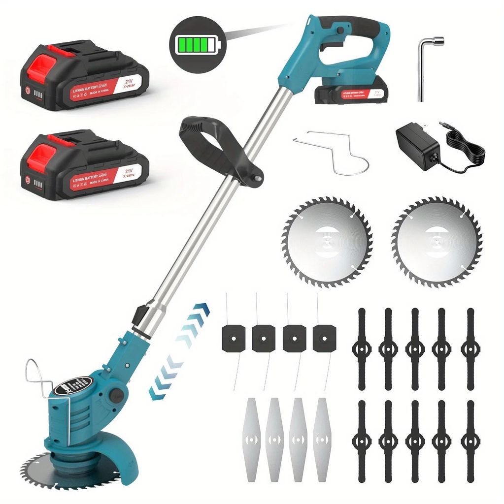 Akku Rasentrimmer - 21V 800W bürstenloser Freischneider - Inkl. Akku - 90° drehbarer Schneidkopf - 4 Klingenarten - Für Rasen und Garten - Blau