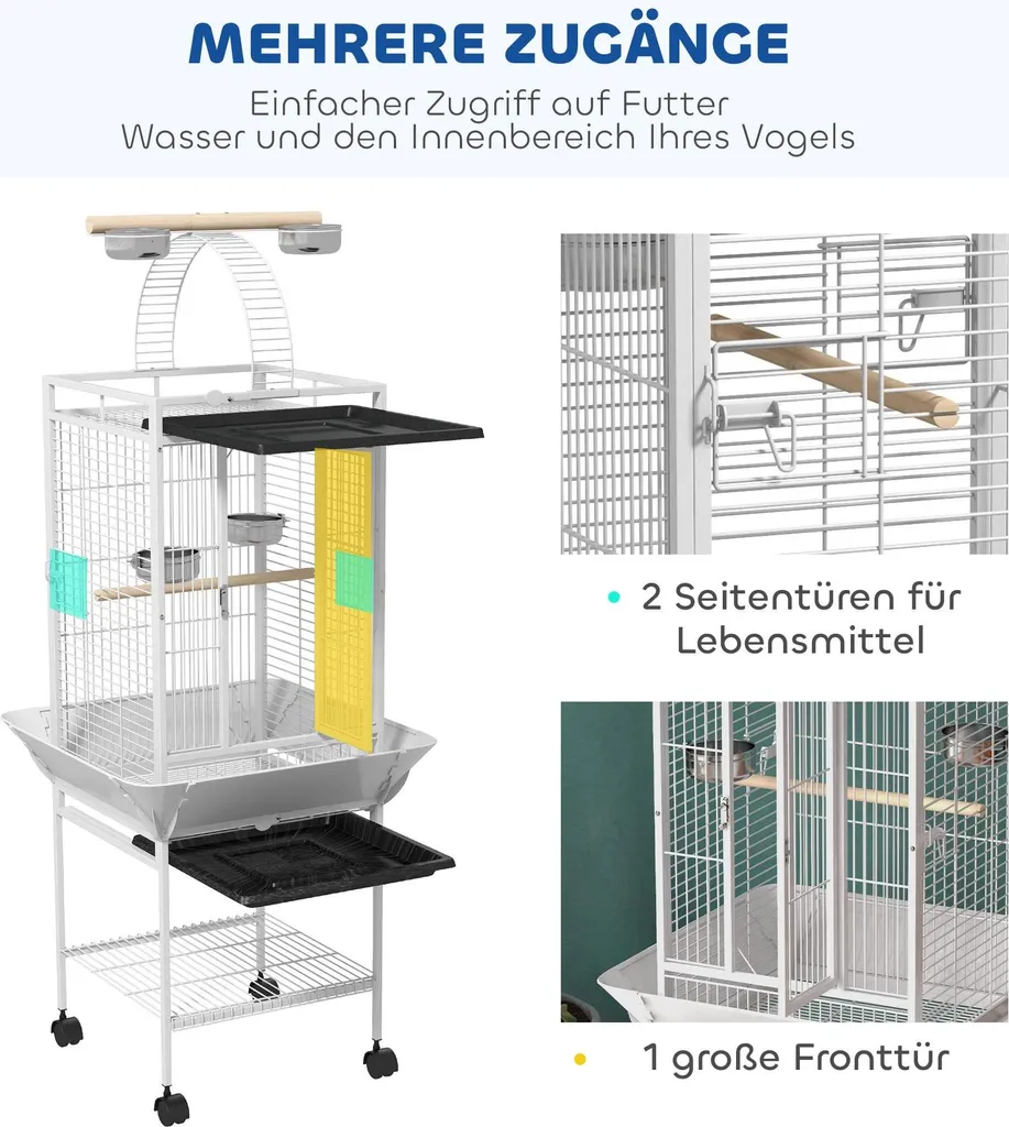 Volière Intérieure pour Perroquets avec Perchoirs et Roues - Blanche