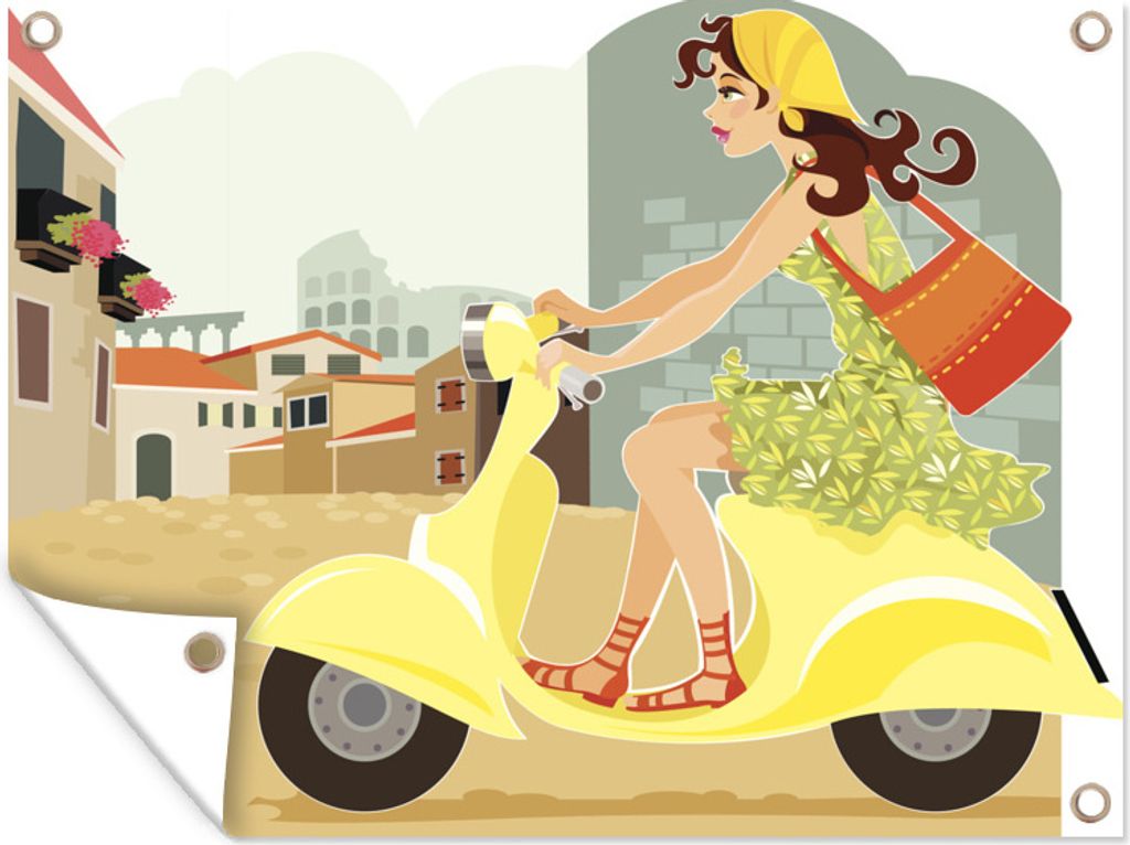 MuchoWow 40x30 cm Outdoor-Poster Gartendeko Sichtschutz Garten Poster für den Garten Eine Illustration einer jungen Dame auf einem gelben Motor...