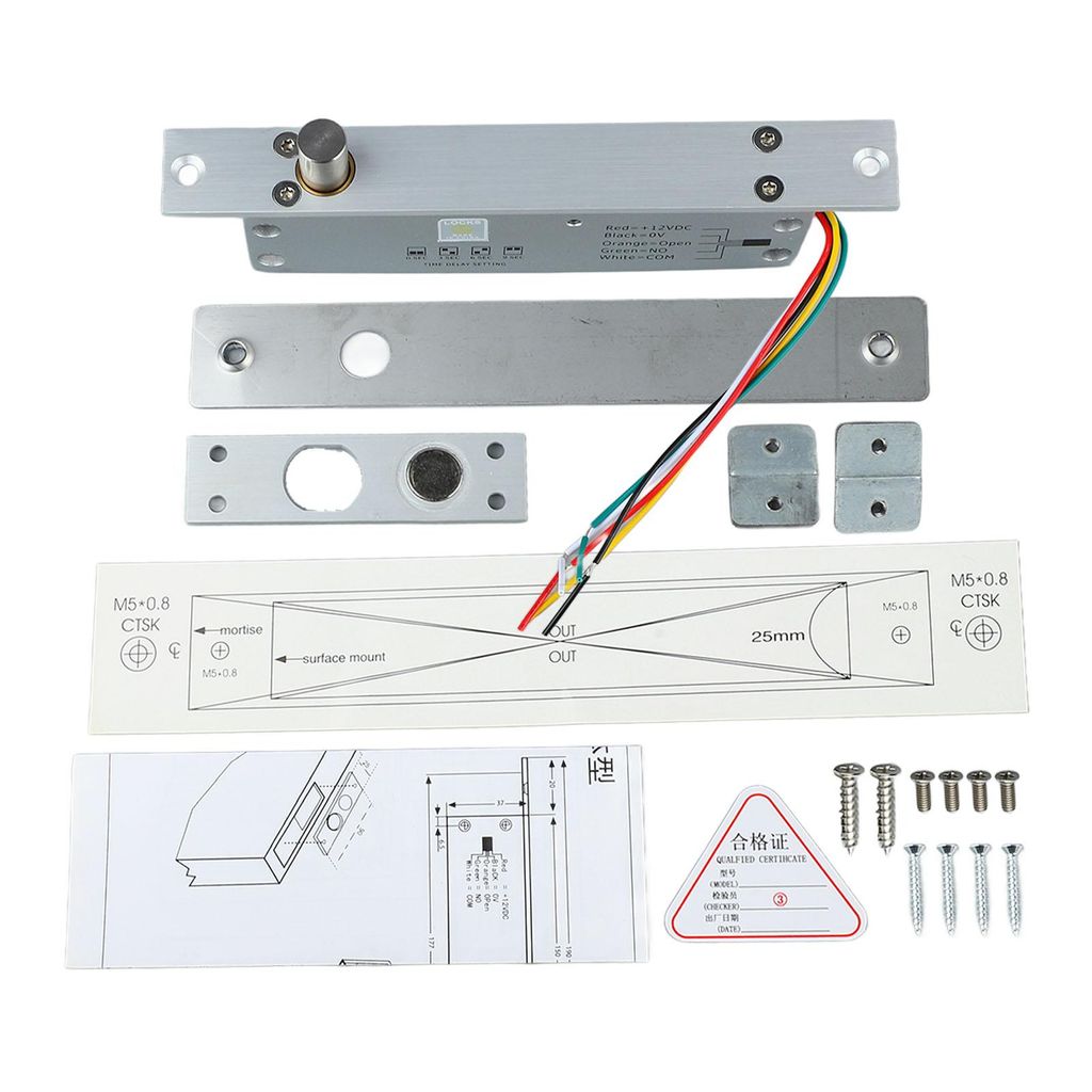 Elektrisches Riegelschloss 12V – Schmaler Drop-Bolt mit Zeitverzögerung & LED-Anzeige – 5-Draht Türschloss für Zutrittskontrolle