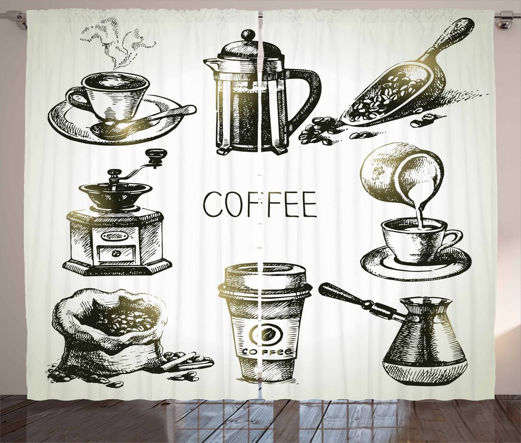 ABAKUHAUS Kaffee Rustikaler Gardine, Brewing Ausrüstung Doodle, Schlafzimmer Kräuselband Vorhang mit Schlaufen und Haken, 280 x 245 cm, Schwarz Gelb