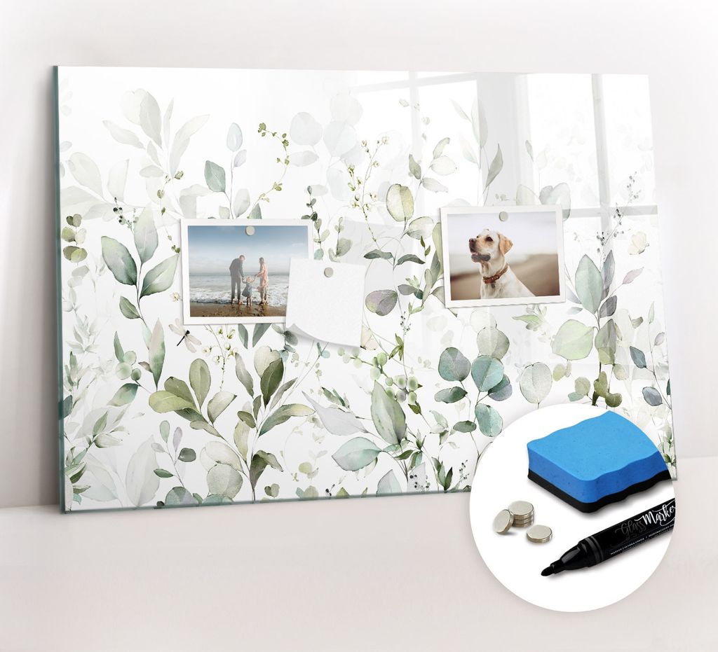 Magnetpinnwand Memoboard - Zubehörsatz - Schwarzer Marker + Schwamm + Magnete - 60 x 40 cm - Pflanzenblätter