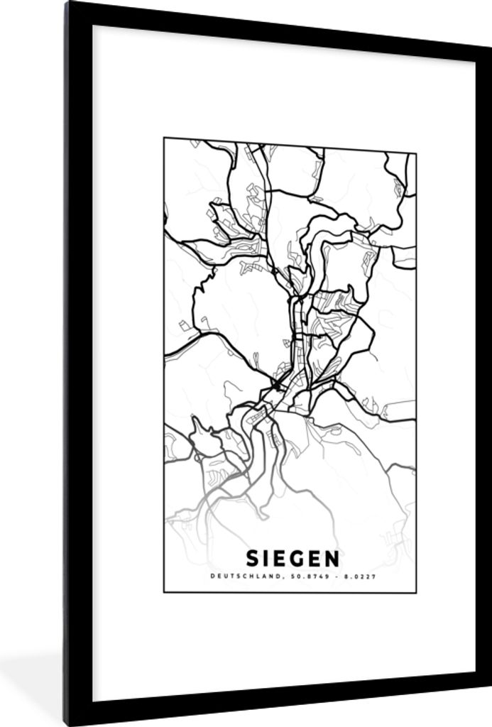 MuchoWow Gerahmtes Poster Siegen - Karte - Stadtplan 60x90 cm - Poster mit Schwarzem Bilderrahmen Wandposter Rahmen Foto Bilder - Dekoration - Wa...