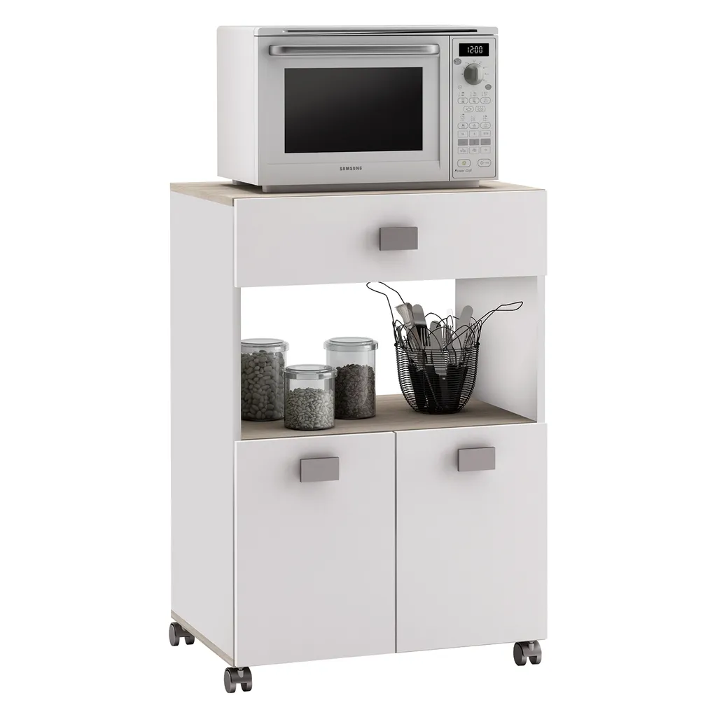 Desserte micro-ondes ROMARIN avec placards et finitions acacia naturel