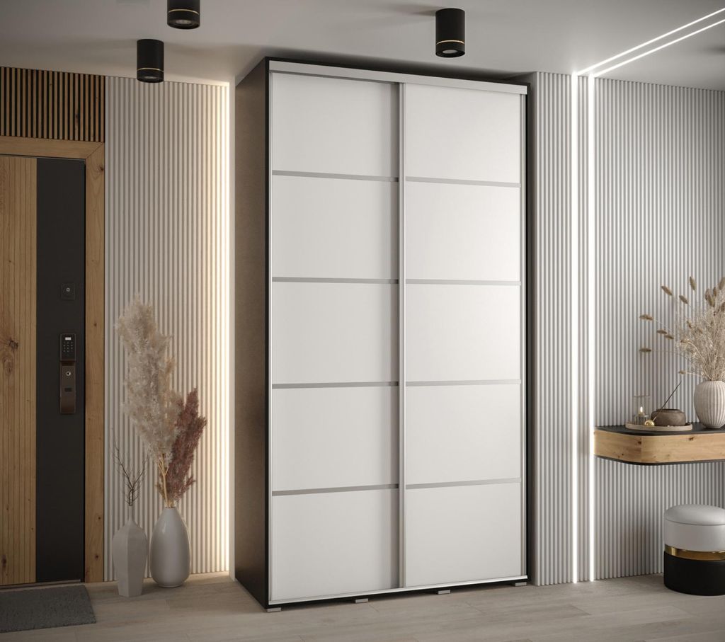 Kleiderschrank YVONA 4 – 130/45 cm, schwarz/weiß/silber