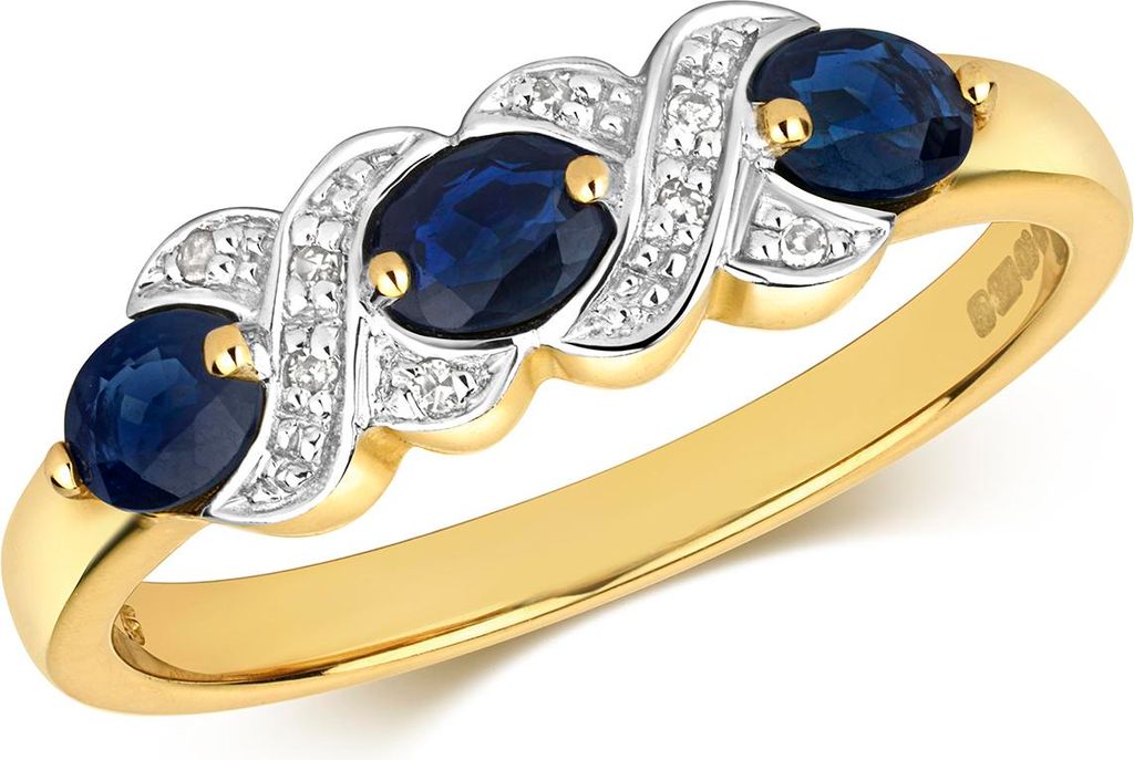 Raffinierter 9 Karat (375) Gold Trilogie Diamant Damenring Brillant-Schliff H - PK mit Saphir, 54 (17.2); TRS28862RSN