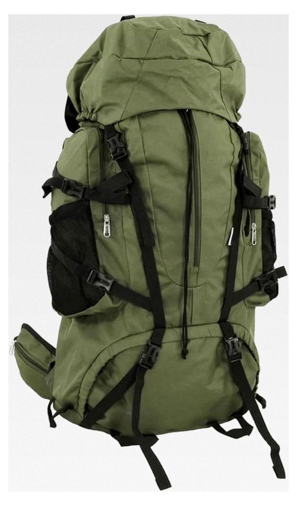 Armeegrüner Wanderrucksack 80L, wasserdicht, gepolstert, mit Metallgestell - Outdoor & Trekking