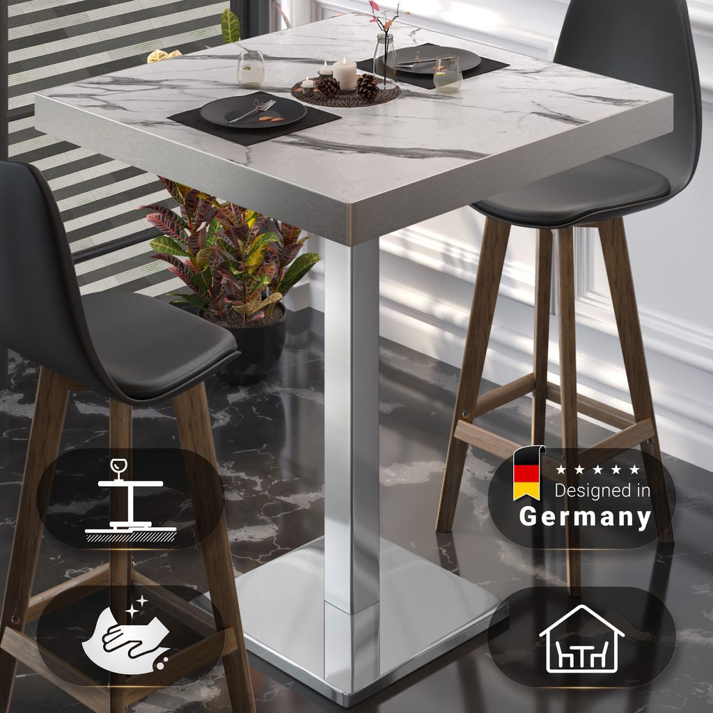 BM | Bistro Stehtisch | 60 x 60 x 110 cm | Quadratisch | Edelstahl Rand | Weiß Marmor / Edelstahl | Gastro Steh Tisch Restaurant