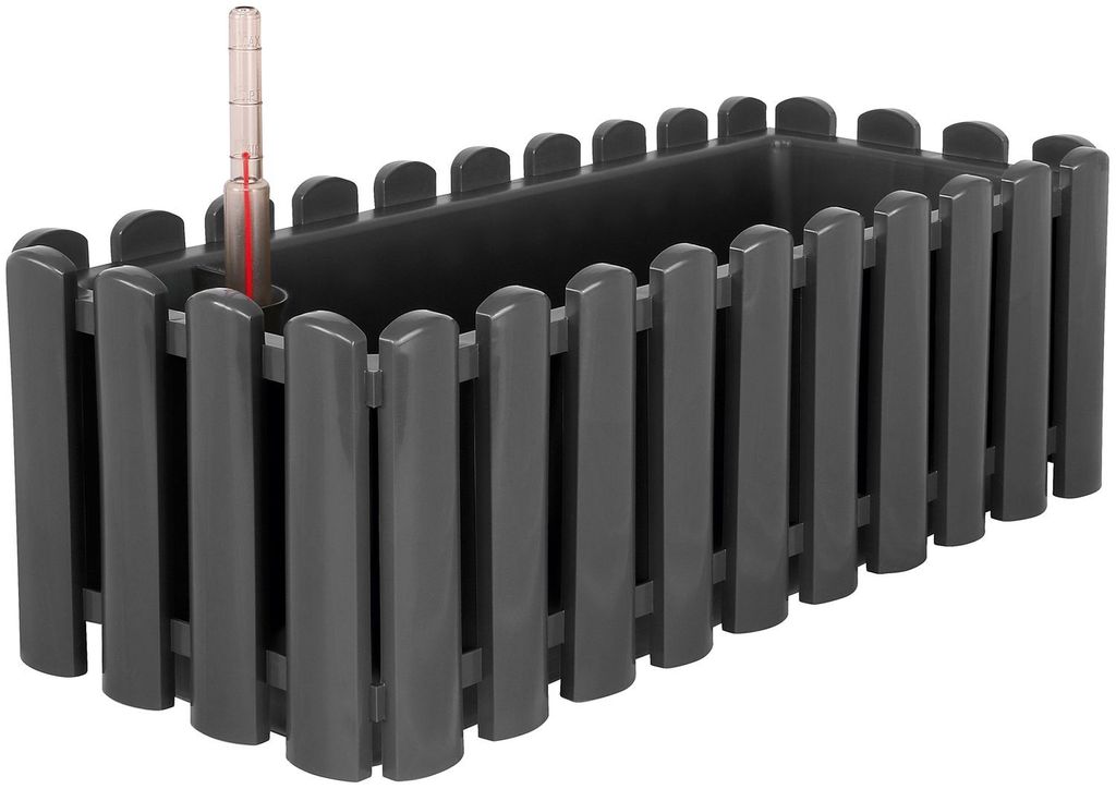 A gray rectangular planter with a fence-like design and a thermometer sticking out of it, set against a white background.