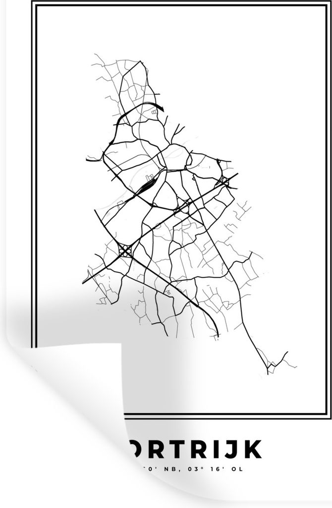 MuchoWow Wandtattoo Wandsticker Wandaufkleber Stadtplan - Schwarz und weiß - Karte - Kortrijk - Belgien - Karte 40x60 cm Selbstklebend und Repos...