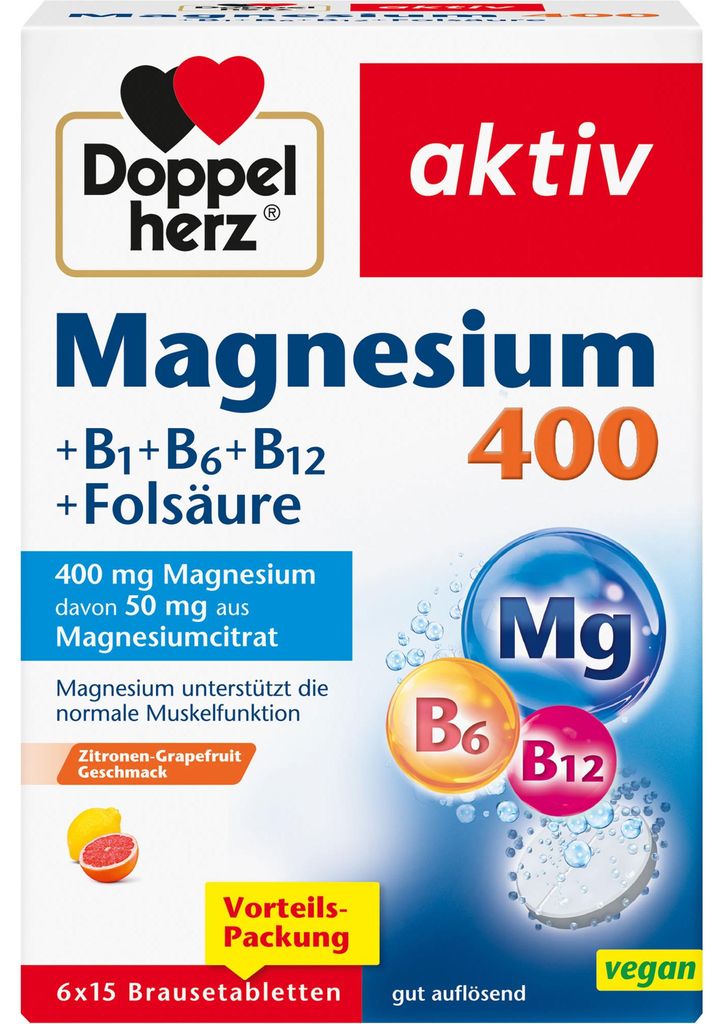 Doppelherz aktiv Magnesium 400 + B1 + B6 + B12 + Folsäure Brausetabletten für eine normale Muskelfunktion, 90 St. Brausetabletten