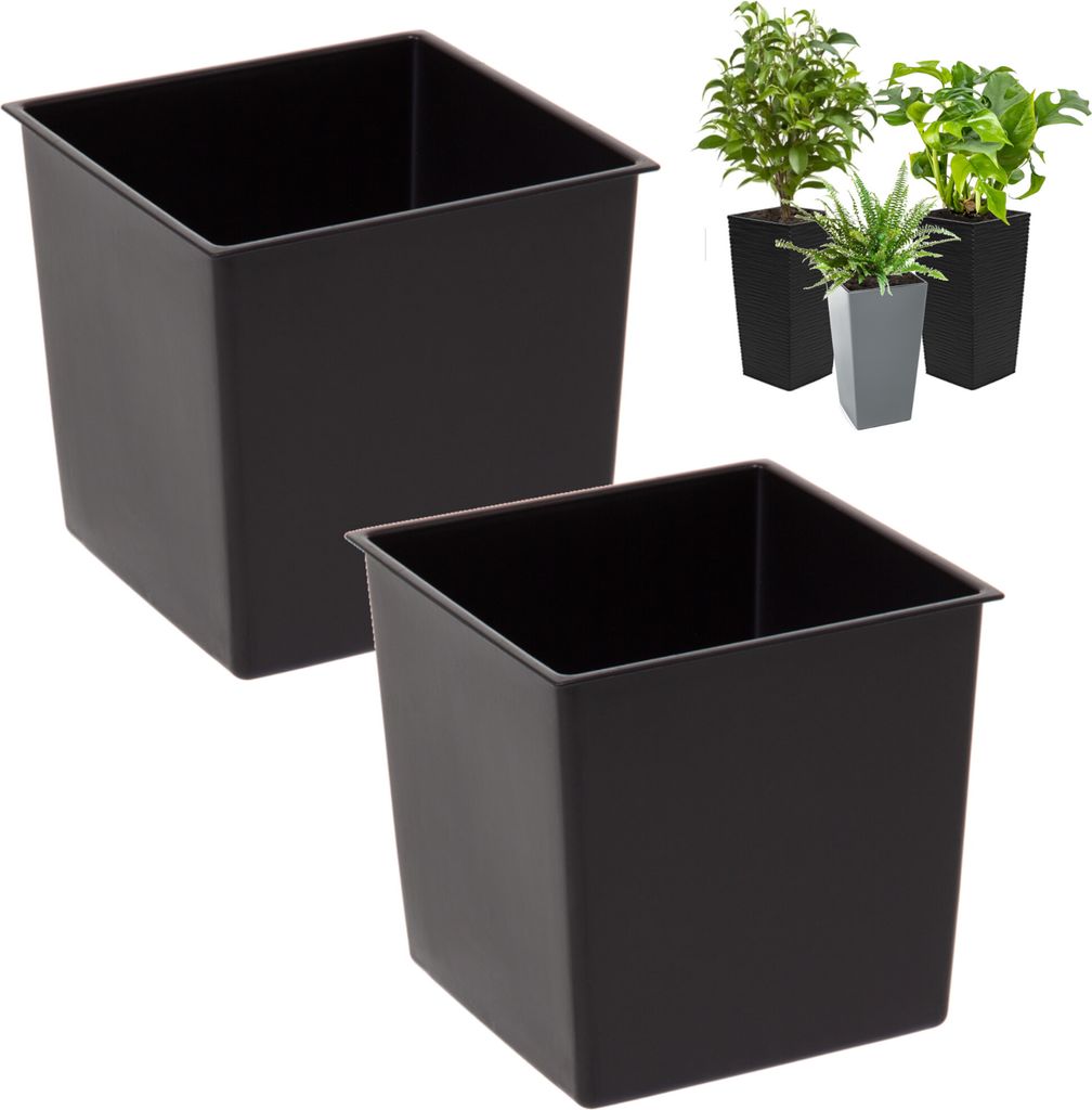 Two black square plant pots are shown against a white background. In the background, three potted plants in different colored pots are visible.