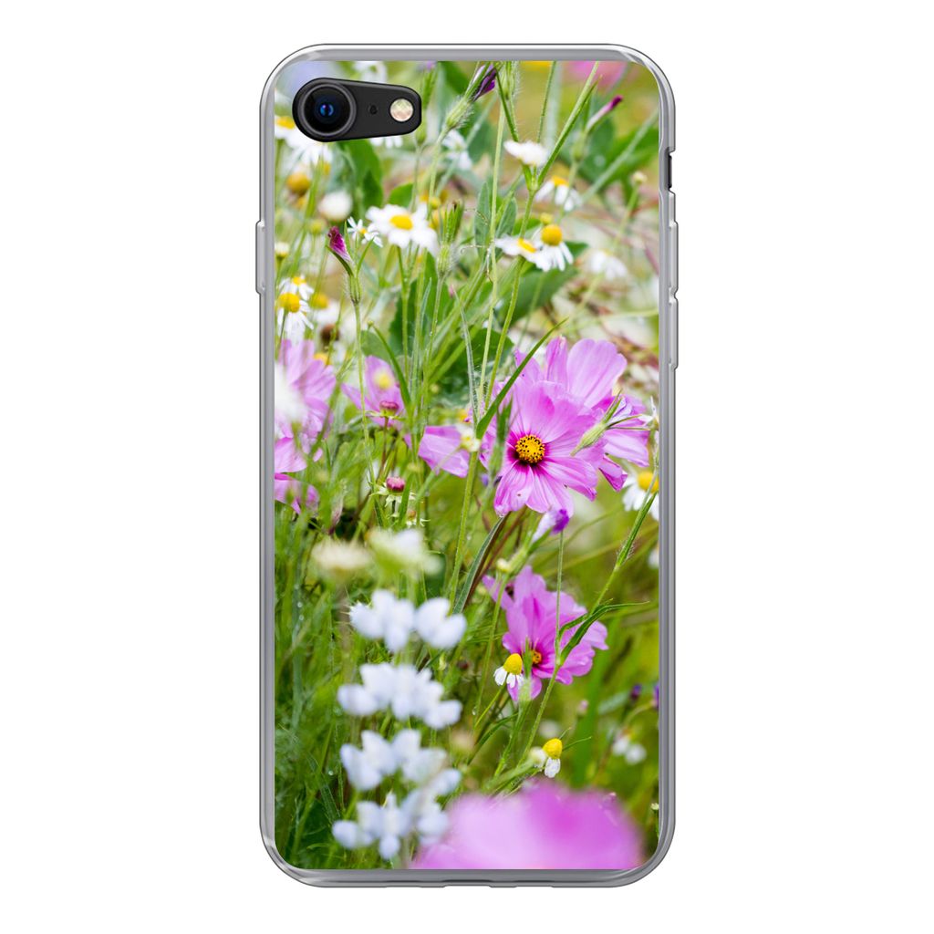 MuchoWow Handyhülle Schutzhülle Hülle für iPhone 7 Blumen - Natur - Grün - Gras - Lila - Weiß Silikon Softcase Handy Hülle - Kartenhalter