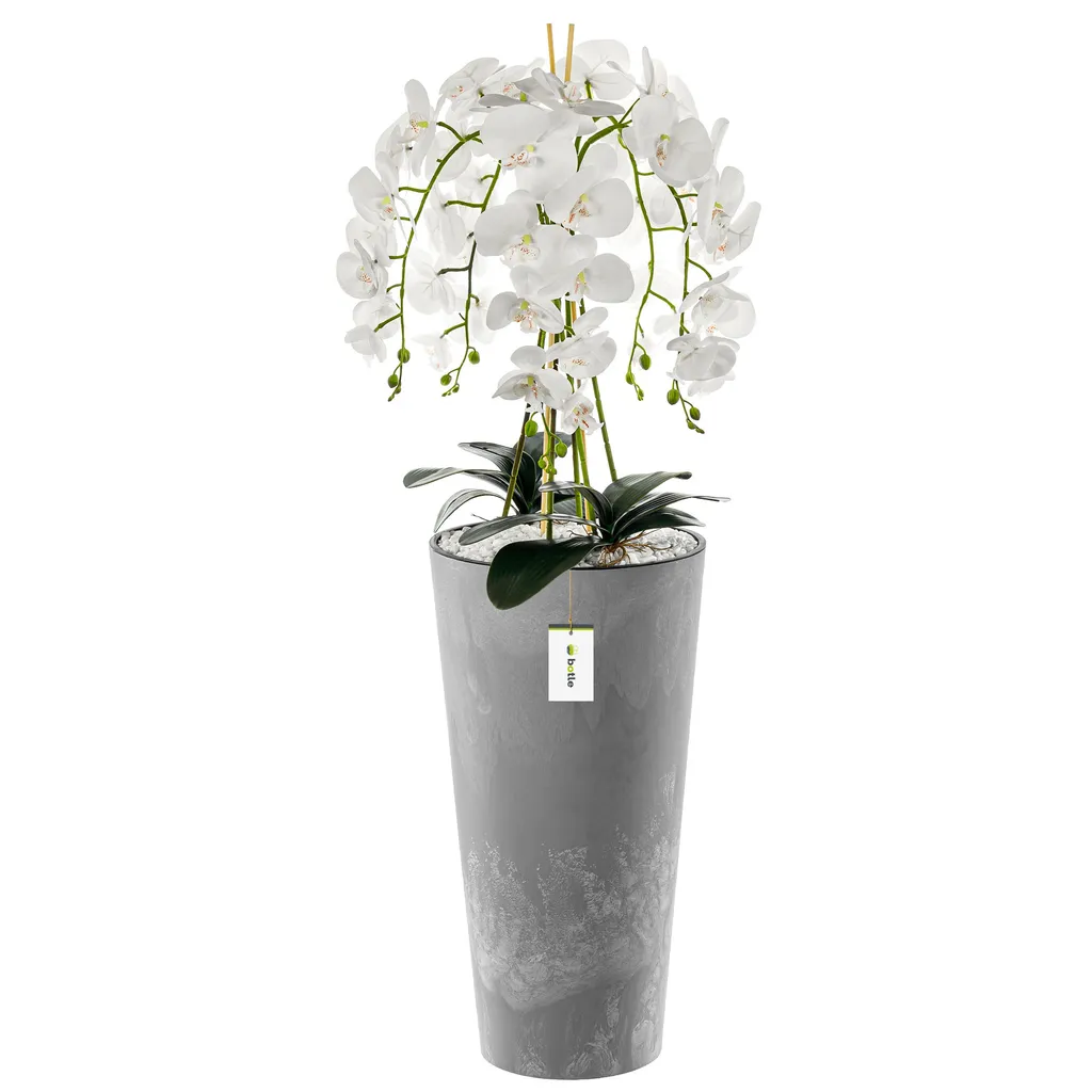 Pianta Artificiale Orchidea Bianca 110cm Vaso Cemento Arredo Lusso