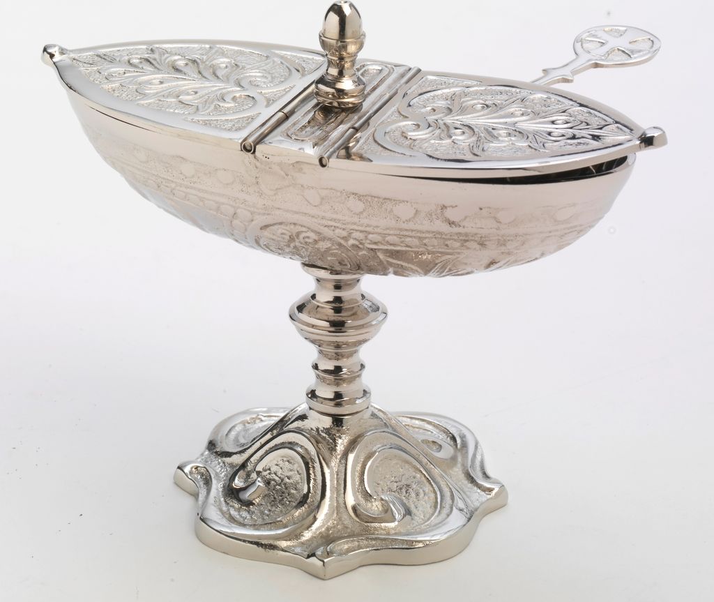 Weihrauch Schiffchen mit Löffel und Deckel Messing vernickelt Silber (Höhe 13 cm)