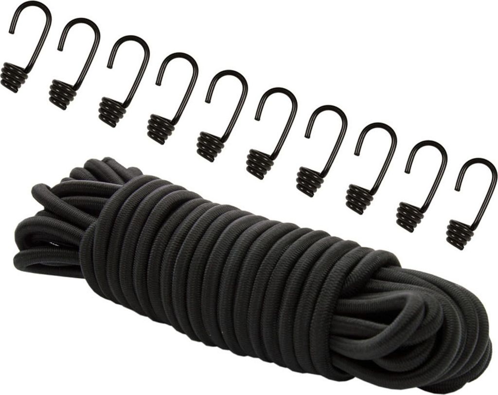 Dreamprint Expanderseil 10 m Schwarz 10 mm Gummiseil Spannseil mit 10 Spiralhaken