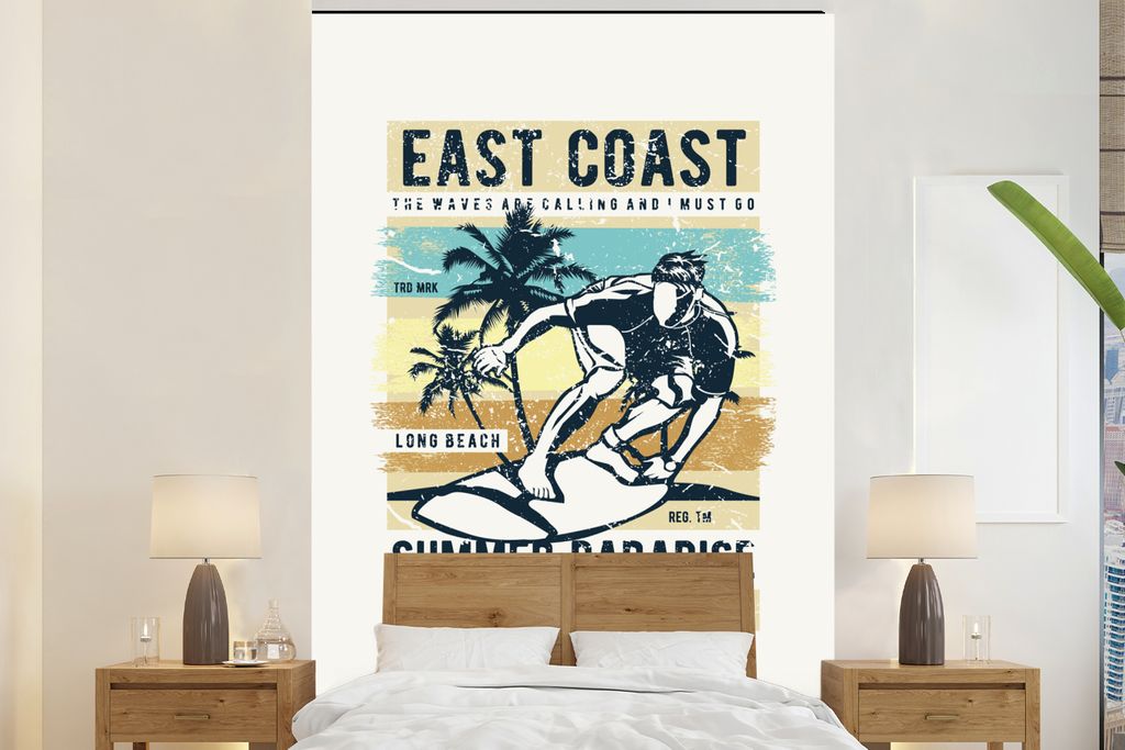 MuchoWow Fototapete für Wohnzimmer oder Schlafzimmer Wandtapete Vinyl Motivtapete Surfbrett - Meer - Strand - Vintage - 180x280 cm - Wallpaper