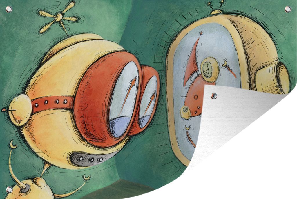 MuchoWow 120x80 cm Outdoor-Poster Gartendeko Sichtschutz Garten Poster für den Garten Eine Illustration eines Roboters, der fernsieht