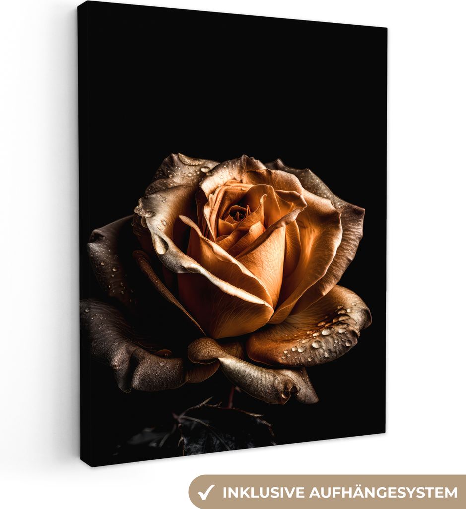 MuchoWow - Leinwandbilder - Rose - Gold - Blumen - Botanisch Schwarz, Wandbild, Wanddeko Bilder Wohnzimmer, 60x80 cm