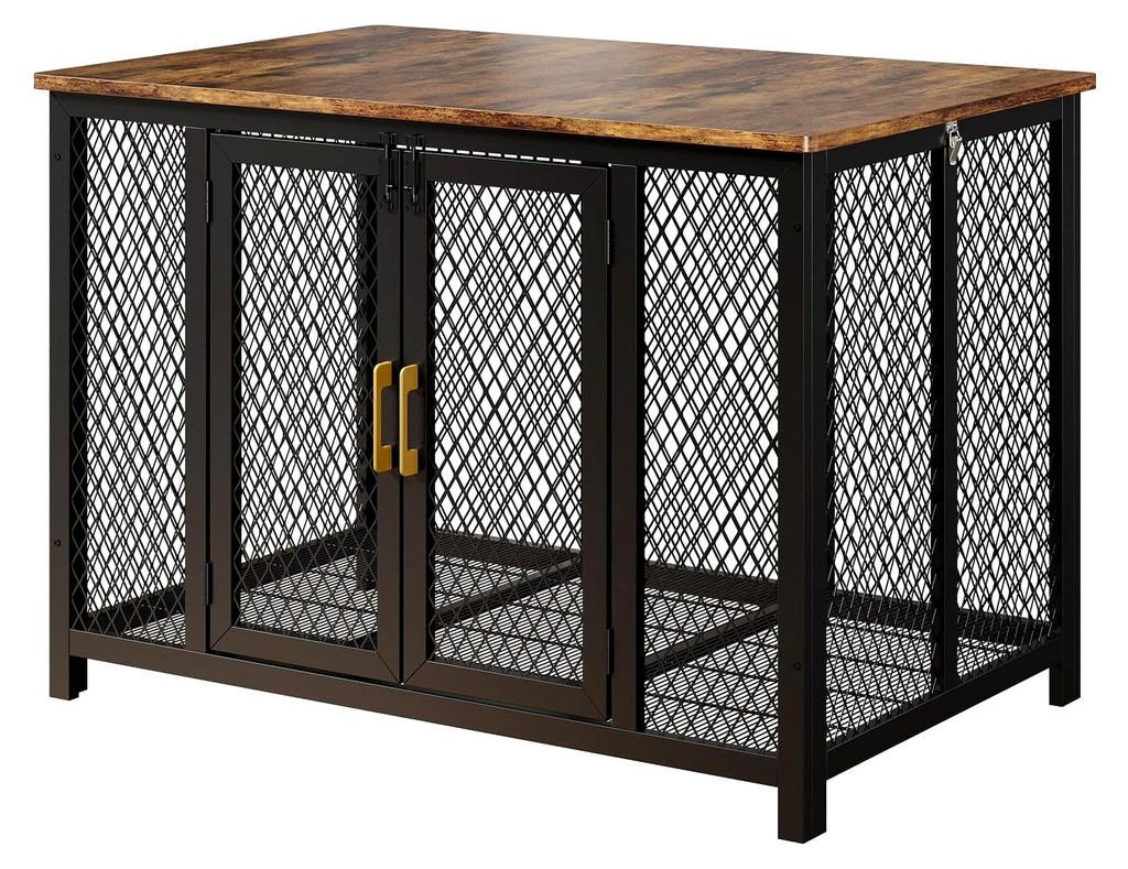 Hundekäfig mit 2 Türen, Beistelltisch aus Metallgitter, kaubeständig, Hundehütte, Innenmöbel mit klappbarem Holzdeckel, für kleine/mittlere H...