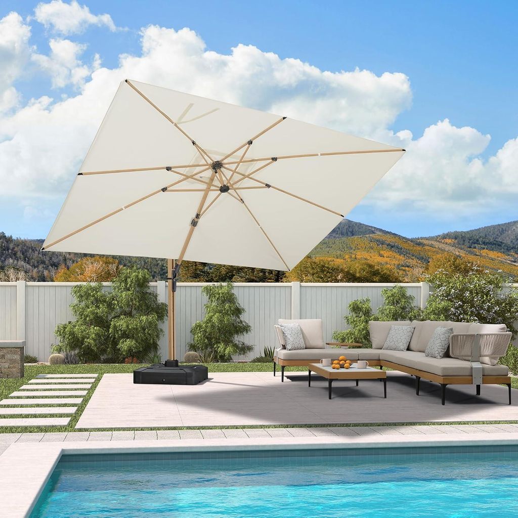 PURPLE LEAF Holzoptik Sonnenschirm 270 x 365 cm Aluminium Ampelschirm mit Kurbel 360° Drehbar Gartenschirm Groß UV Schutz 50+ Wasserabweisend , C...