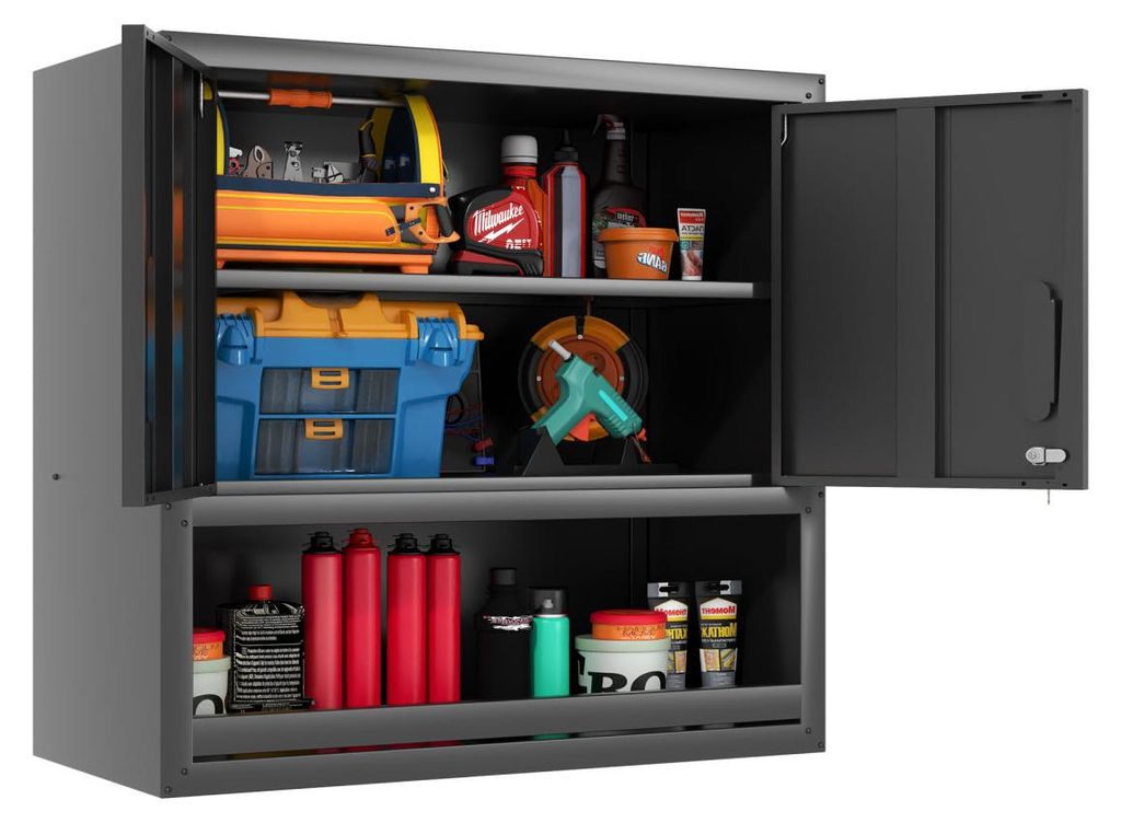 Wandmontierbarer Metall Werkzeugschrank H 77 Cm mit Schließe Tür 1 verstellbarer Einlegeboden und 1 offener Schub für Garage Lager Büro Schwarz