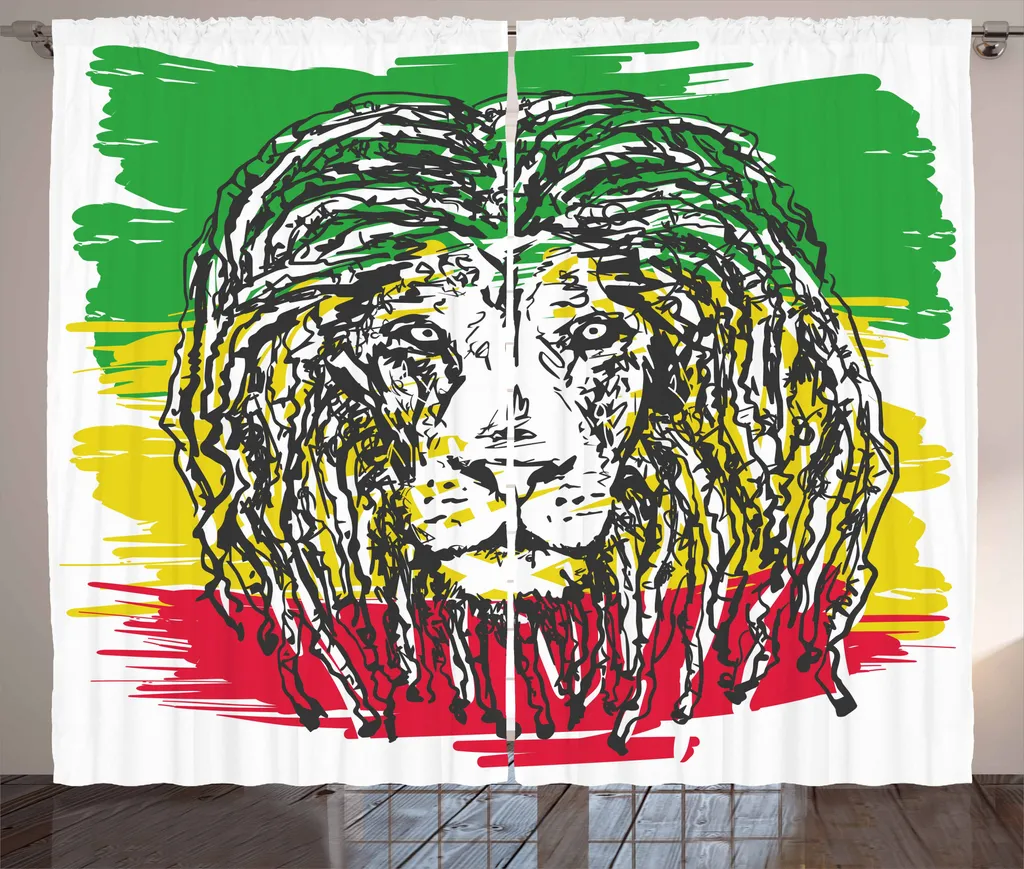 Rideau rustique Lion Rasta 280x225cm en tissu haute densité jaune rouge