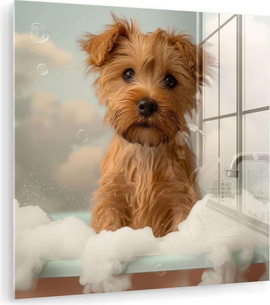MuchoWow Glasbilder - Bilder auf Wandbild - Foto auf Glas Hund - Bad - Tiere - Schaumstoff 20x20 cm Wanddekoration aus Glas - Acrylglasbild - Acryl...