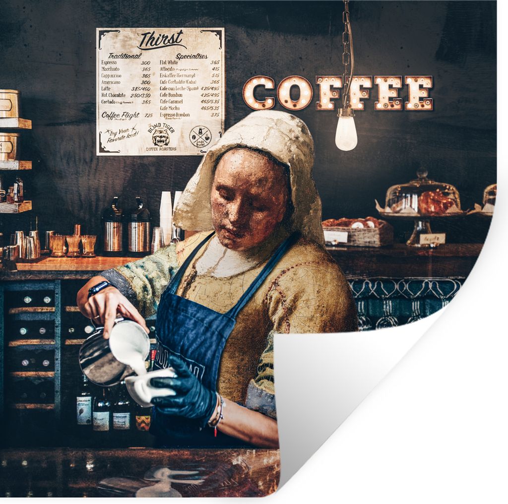 MuchoWow Wandtattoo Wandsticker Wandaufkleber Milchmädchen - Barista - Cappuccino - Vermeer - Kaffee - Kunst _ Malerei 50x50 cm Selbstklebend un...