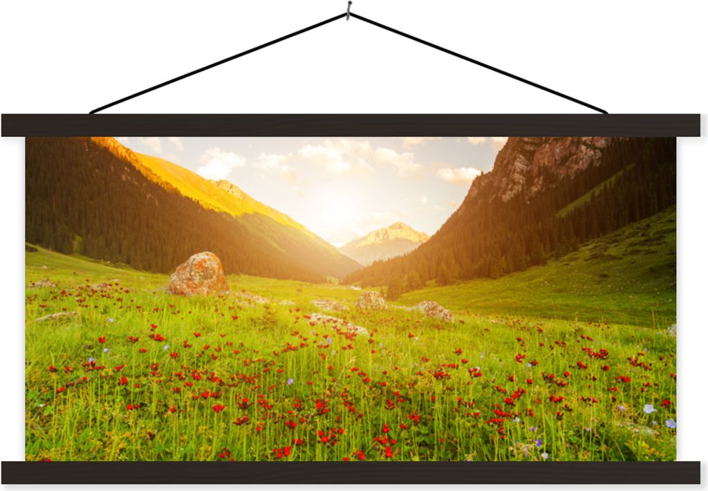 MuchoWow Textilposter Blumen - Berg - Sonne 150x75 cm mit schwarzem Rahmen - Posterleiste