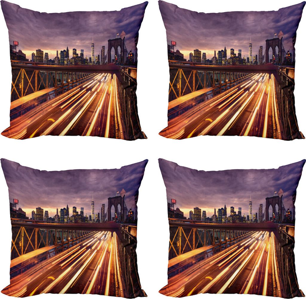 ABAKUHAUS Stadt Kissenbezug Set (4 Stück), Brooklyn Bridge Traffic, Moderner Doppelseitiger Digitaldruck, 60 cm x 60 cm, Lila Dark Orange Gelb