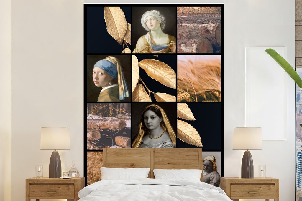 MuchoWow Fototapete für Wohnzimmer oder Schlafzimmer Wandtapete Vinyl Motivtapete Malerei - Collage - Gold - 195x300 cm - Das Hintergrundbild