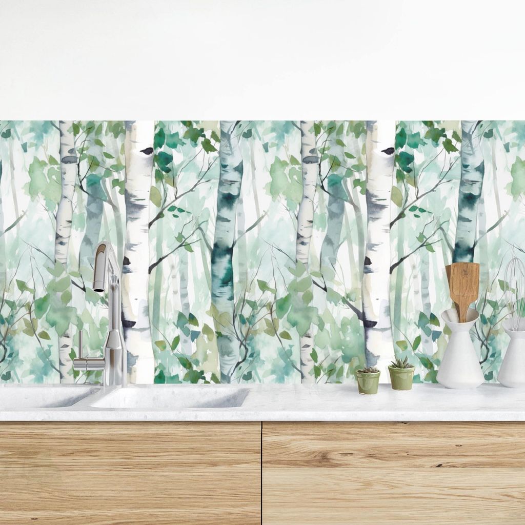 Küchenrückwand Wald selbstklebend - 0.35 mm Wandpaneel wasserfest Wald grün Aquarell Illustration Spritzschutz fugenlos