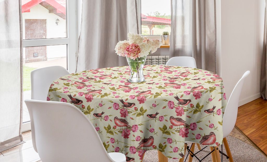 ABAKUHAUS Blumen Runde Tischdecke, Gesang-Vögel Rose Blumen, Kreis Tischdecke Abdeckung für Esszimmer Küche Dekoration, 150 cm, rosa Sahne