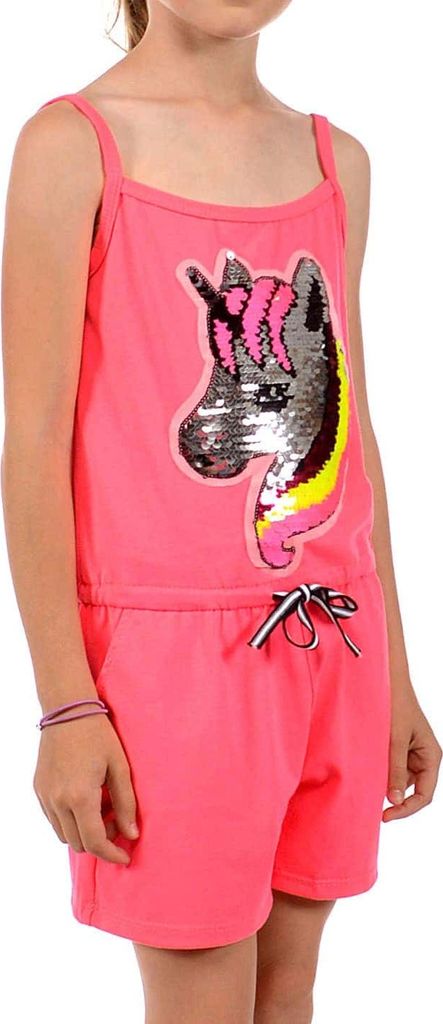 KMISSO Mädchen Jumpsuit kurz Wendepailletten Einhorn Neon Pink 152