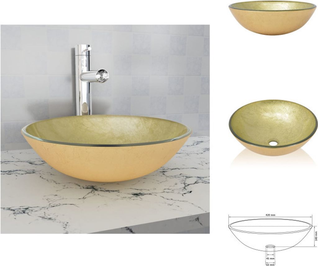 vidaXL Waschbecken Hartglas 42 cm Gold - Badezimmer-Waschbecken