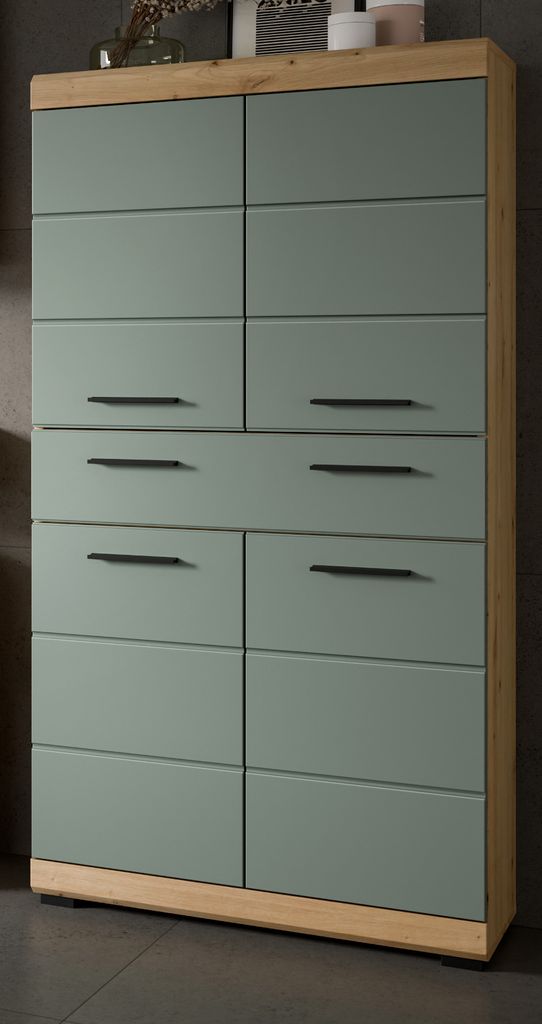 Bad Midischrank "Shawn" in Salbei und Eiche, Badschrank 4-türig 74 x 141 cm