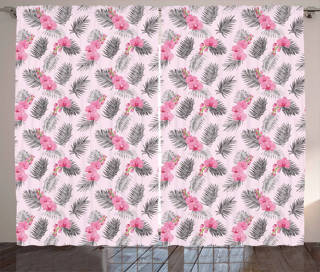 ABAKUHAUS Orchidee Tenda rustica, Paradise Caribbean Palms, Tenda con passanti e ganci per camera da letto, 280 x 245 cm, grigio rosa cipria rosa