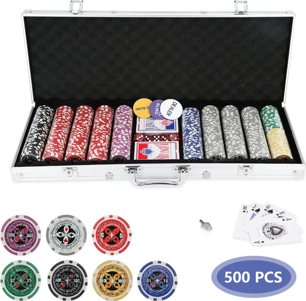 Set de Poker Complet 500 Pièces Jetons Laser et Accessoires de Casino