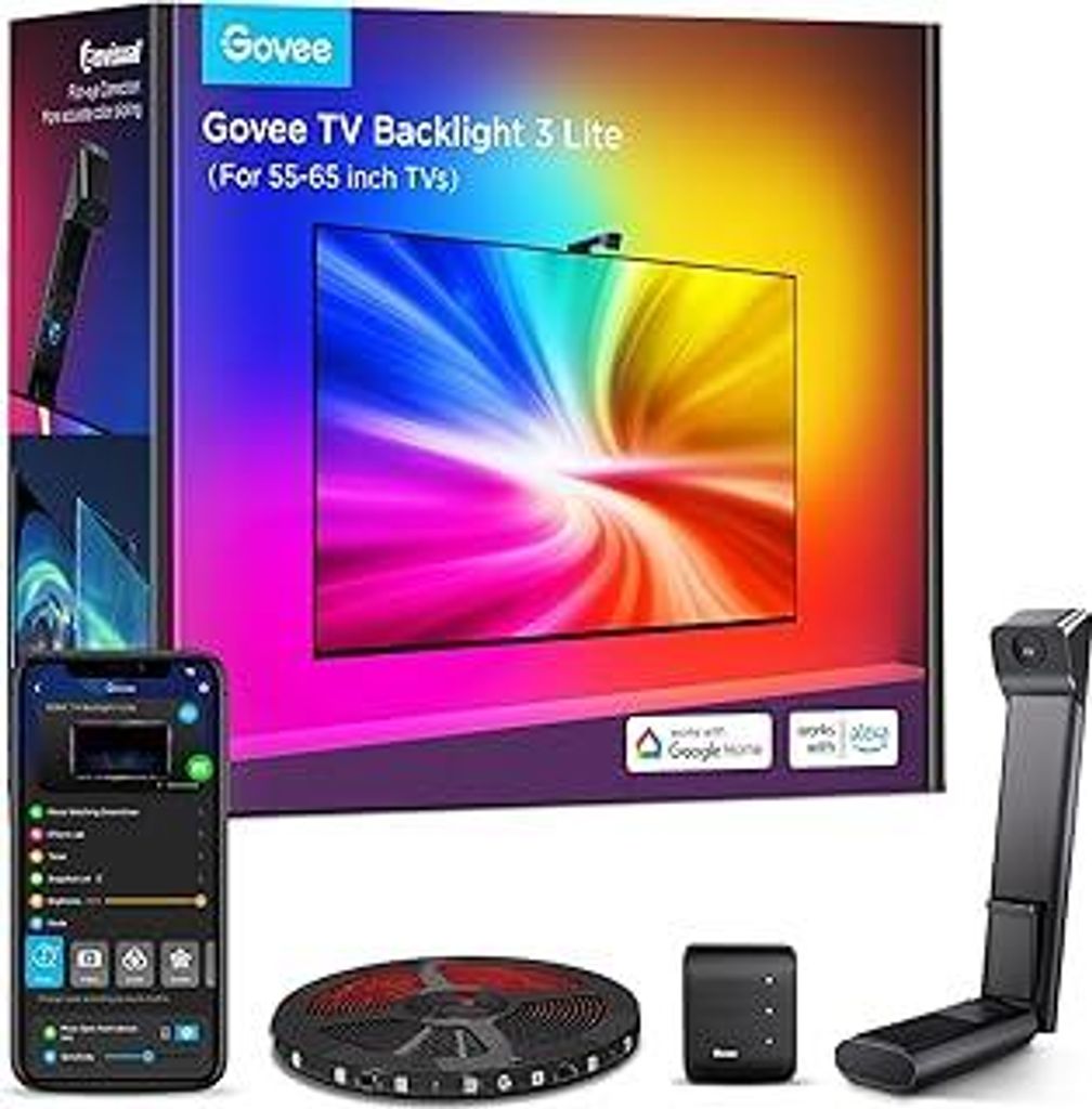 Govee TV Hintergrundbeleuchtung 3 Lite mit Fish-Eye Korrektur Funktion, Sync für 55-65 Zoll TVs, 3,6M RGBICW WiFi TV LED Strip mit Kamera, 4 Farbe...