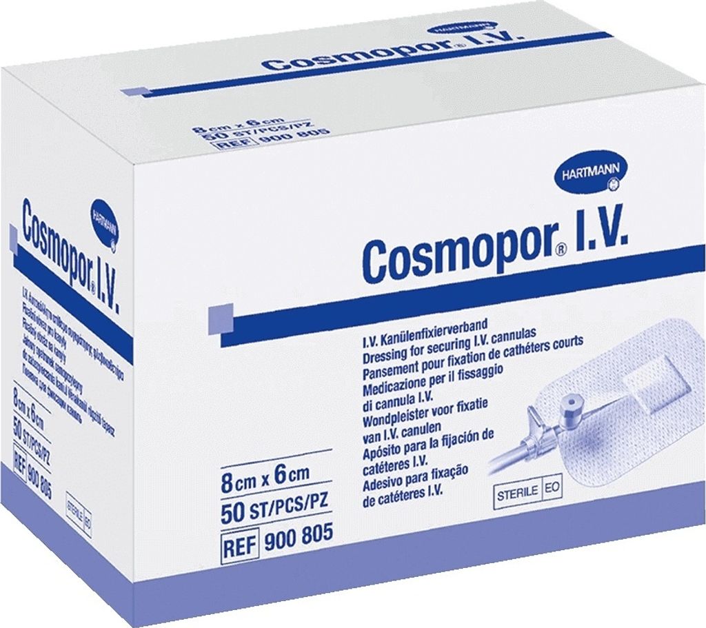 A product box for Cosmopor I.V. dressing.