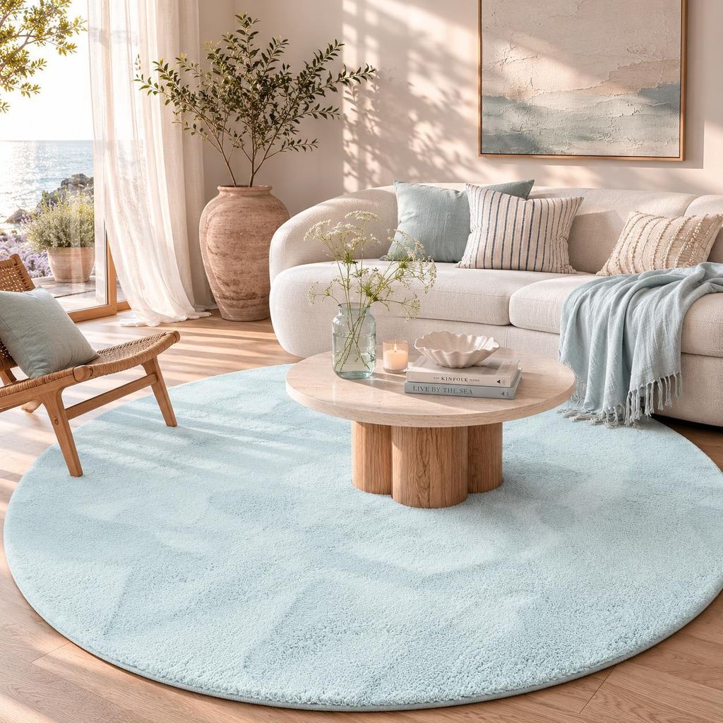 Luxus Super Soft Kunstfellteppich Pearl Blau Rund, Produktbild  KI-generiertes Bild