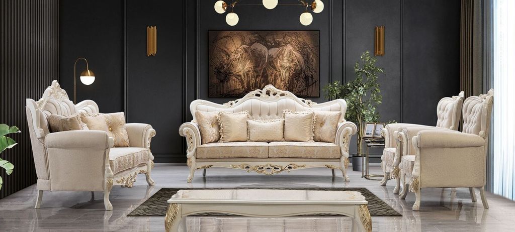 Casa Padrino Luxus Barock Wohnzimmer Set Weiß / Gold - 2 Barock Sofas & 2 Barock Sessel & 1 Barock Couchtisch - Luxus Wohnzimmer Möbel im Barocks...